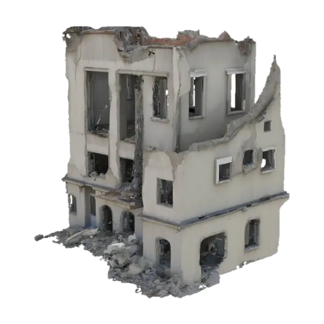 damaged building after an explosion, walls cracked and partially collapsed,… 3D model, vytvořený pomocí AI