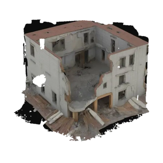 damaged building after an explosion, walls cracked and partially collapsed,… 3D model, vytvořený pomocí AI