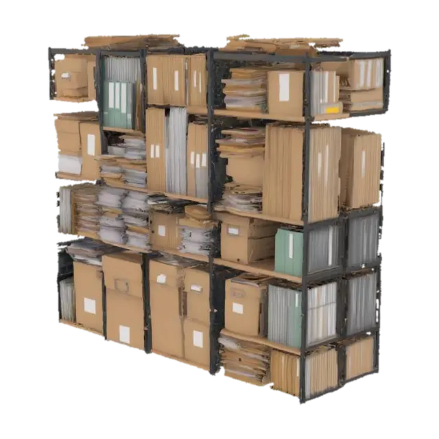 File archive shelves with folders and boxes, realistic 3D model, vytvořený pomocí AI