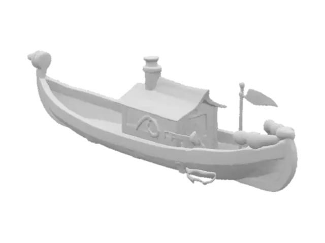 3D model for "A cartoon-style longboat inspired by a dinghy, with an elongated, curved wooden hull and playful proportions. Include a medium-sized cabin at the center with rounded edges, sloped roof, oversized porthole windows, and a whimsical chimney. At both the bow and stern, add wooden turrets with protected platforms housing cartoon-style ballistae. The turrets should have partial wooden battlements. Use vibrant, hand-painted textures with rich browns for wood, and bright accents (red, blue). Add rope details and a large rudder to complete the fun, fantasy look."