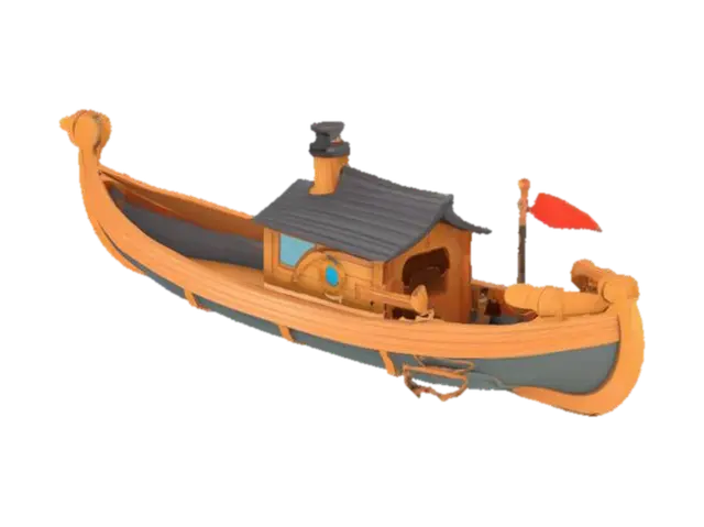3D model for "A cartoon-style longboat inspired by a dinghy, with an elongated, curved wooden hull and playful proportions. Include a medium-sized cabin at the center with rounded edges, sloped roof, oversized porthole windows, and a whimsical chimney. At both the bow and stern, add wooden turrets with protected platforms housing cartoon-style ballistae. The turrets should have partial wooden battlements. Use vibrant, hand-painted textures with rich browns for wood, and bright accents (red, blue). Add rope details and a large rudder to complete the fun, fantasy look."