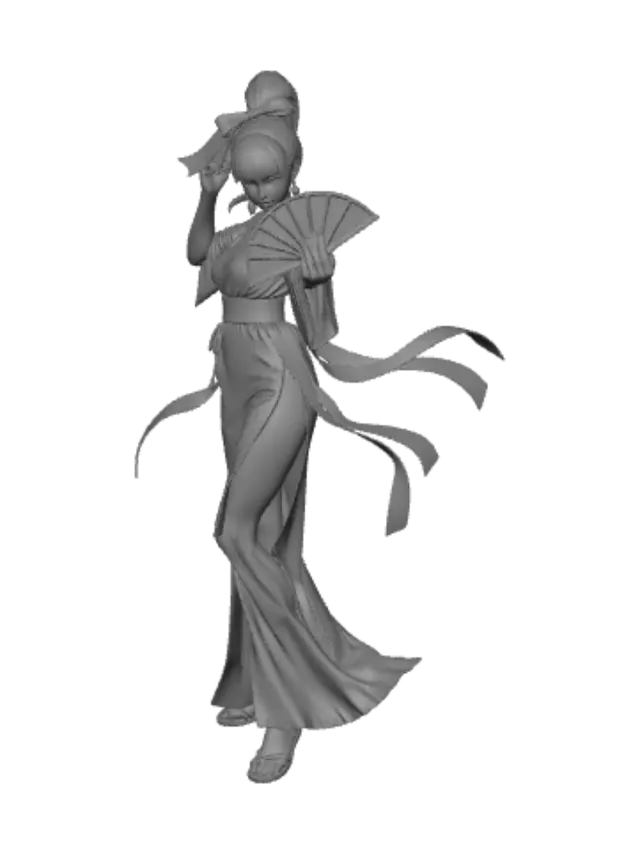 3D model for 3A game-ready 3D character model, Mai Shiranui from The King of Fighters, Japanese ninja girl, clean quad mesh topology, retopologized low poly, ZBrush high detail sculpt, subtle skin pores and facial wrinkles, red high-slit silk kimono, flowing white ribbons, big red hair bow, flame embroidered sash, folding fan prop, wooden geta sandals, layered cloth folds, separated accessories, non-stretched unwrapped UVs, complete PBR textures, translucent realistic skin, silky specular highlights, metallic gloss ornaments, soft studio rim lighting, simple Japanese courtyard background, subtle flame particle effects, fighting pose, dynamic cloth simulation, Unreal Engine 5 render, 8K ultra HD, global illumination, soft subtle shadows, wireframe white mold preview, high precision game asset, no messy