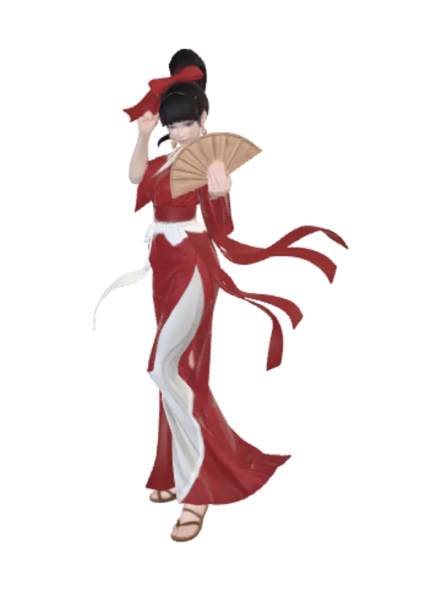 3D model for 3A game-ready 3D character model, Mai Shiranui from The King of Fighters, Japanese ninja girl, clean quad mesh topology, retopologized low poly, ZBrush high detail sculpt, subtle skin pores and facial wrinkles, red high-slit silk kimono, flowing white ribbons, big red hair bow, flame embroidered sash, folding fan prop, wooden geta sandals, layered cloth folds, separated accessories, non-stretched unwrapped UVs, complete PBR textures, translucent realistic skin, silky specular highlights, metallic gloss ornaments, soft studio rim lighting, simple Japanese courtyard background, subtle flame particle effects, fighting pose, dynamic cloth simulation, Unreal Engine 5 render, 8K ultra HD, global illumination, soft subtle shadows, wireframe white mold preview, high precision game asset, no messy