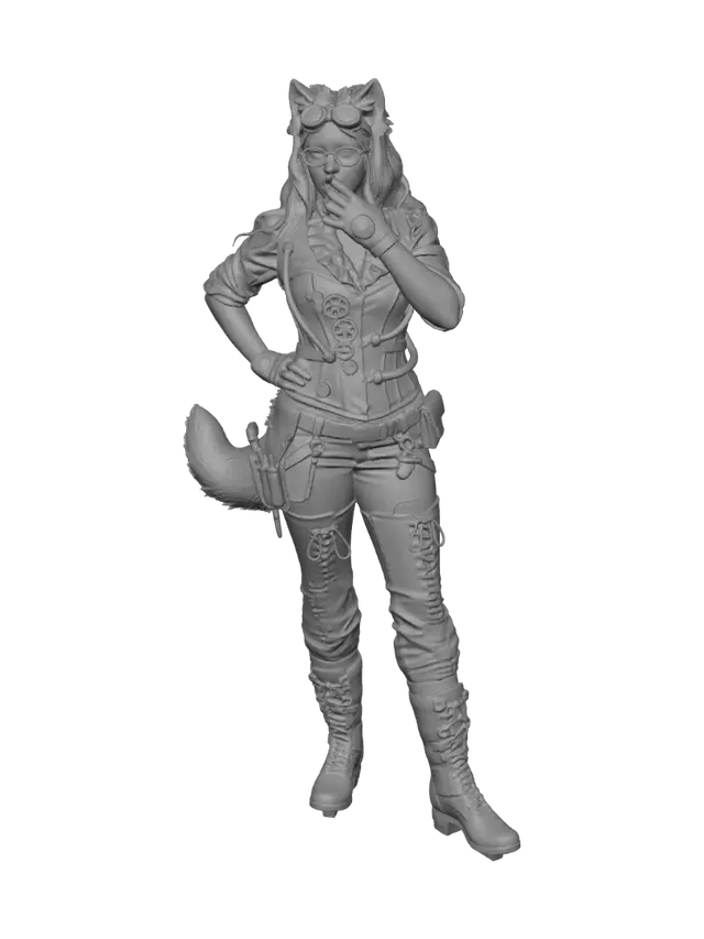 3D model for девочка-волк в стиле стимпанк, удивляется и одной рукой прикрывает рот, вторая рука на поясе, вид в полный рост, реализм, фото