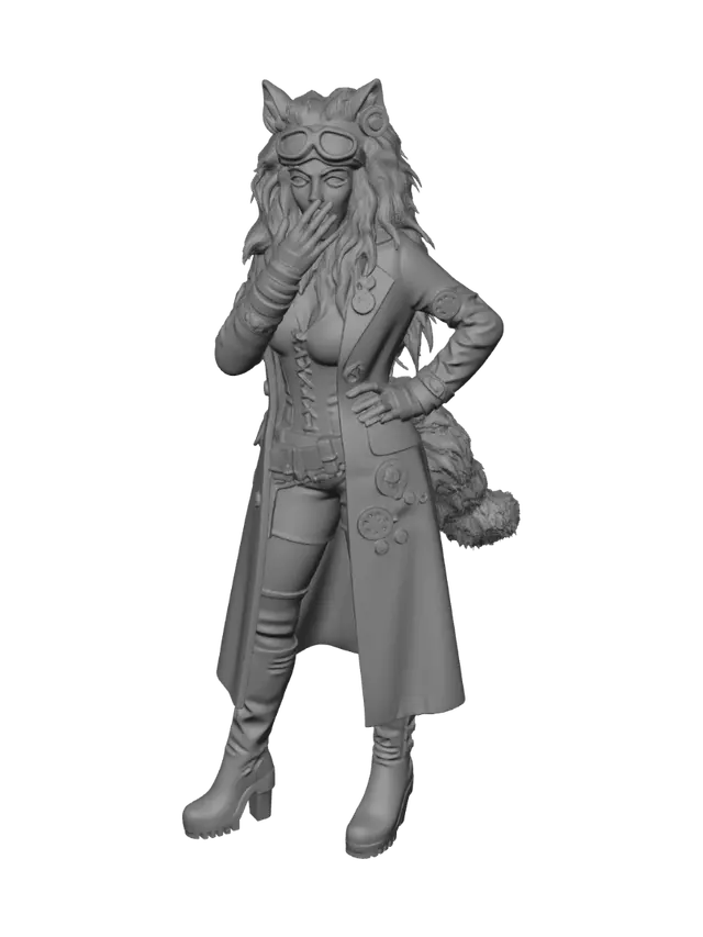 3D model for девочка-волк в стиле стимпанк, удивляется и одной рукой прикрывает рот, вторая рука на поясе, высокие сапоги на толстой подошве, вид в полный рост, реализм, фото