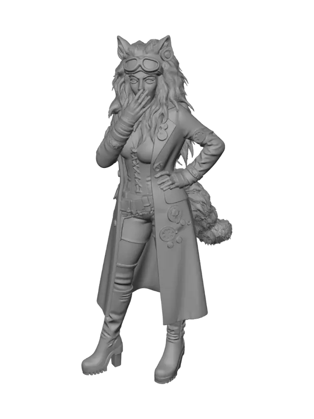 3D model for девочка-волк в стиле стимпанк, удивляется и одной рукой прикрывает рот, вторая рука на поясе, высокие сапоги на толстой подошве, вид в полный рост, реализм, фото