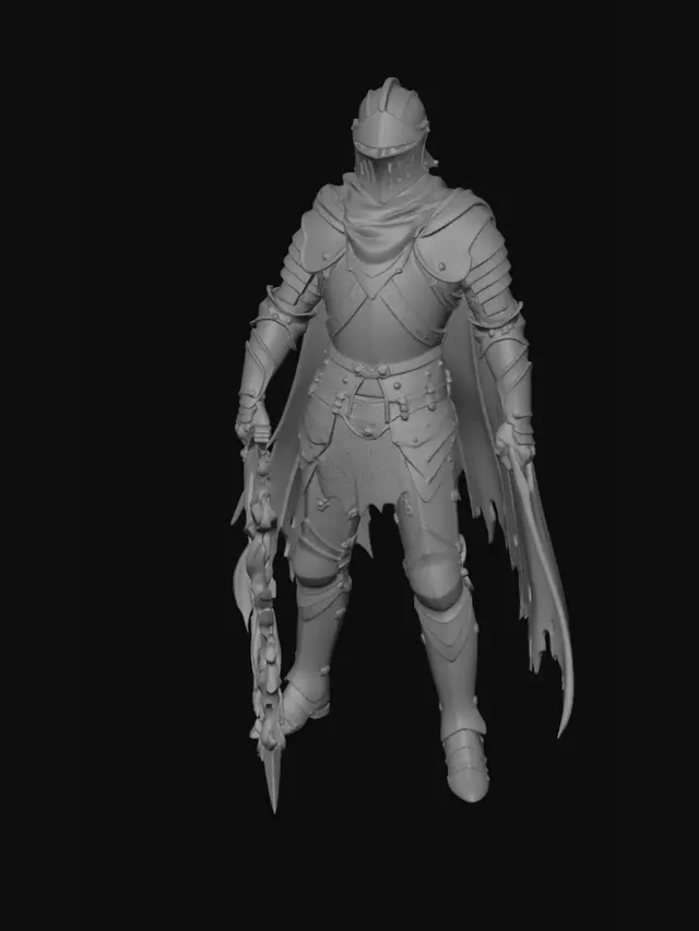 3D model for A dark fantasy knight with a sallet helmet with a lobstered armor tail on the back of the helmet that tapers to a point. He has a tattered epic green cloak, dark armor, gold embellishments, and two hander flaming sword. Epic Gothic church with light coming through stained glass.