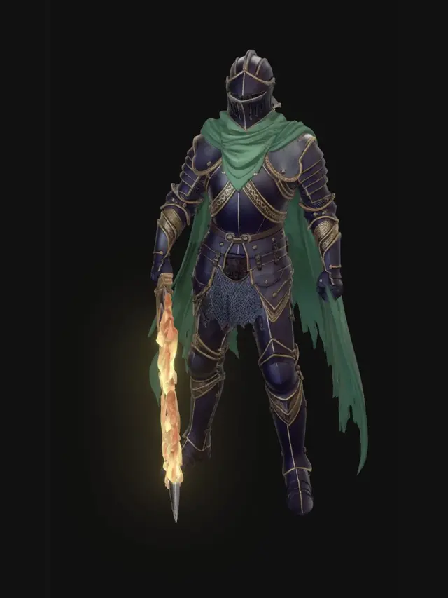 3D model for A dark fantasy knight with a sallet helmet with a lobstered armor tail on the back of the helmet that tapers to a point. He has a tattered epic green cloak, dark armor, gold embellishments, and two hander flaming sword. Epic Gothic church with light coming through stained glass.