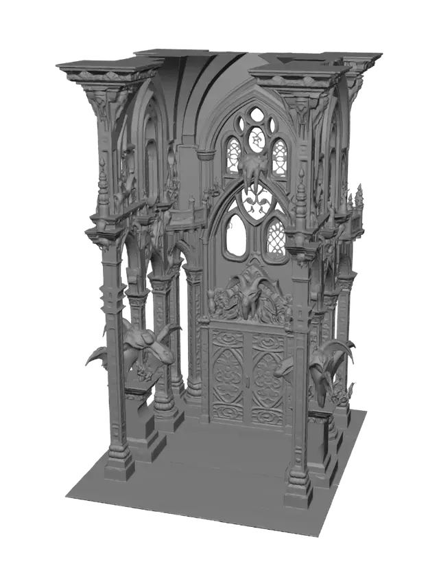 3D model for Dark gothic temple of the Goat Kingdom, forbidden sanctuary of ancient goat sorcerers. Massive cathedral-like structure built from obsidian and dark stone. The entrance is permanently closed by gigantic rune-covered gates and chains. No interior, inaccessible building. Giant goat statues guard the entrance, purple magical flames burn eternally, mysterious floating runes surround the temple. Surrounded by ruined graves, dead forests, and cursed fog. Dark fantasy atmosphere, highly detailed, game-ready 3D asset.