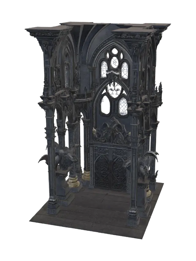 3D model for Dark gothic temple of the Goat Kingdom, forbidden sanctuary of ancient goat sorcerers. Massive cathedral-like structure built from obsidian and dark stone. The entrance is permanently closed by gigantic rune-covered gates and chains. No interior, inaccessible building. Giant goat statues guard the entrance, purple magical flames burn eternally, mysterious floating runes surround the temple. Surrounded by ruined graves, dead forests, and cursed fog. Dark fantasy atmosphere, highly detailed, game-ready 3D asset.