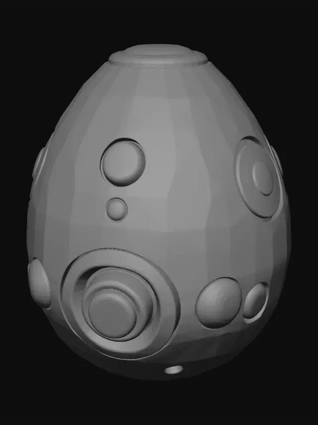 3D model for Create a 3D-printable FDM model of a large cute futuristic anti-stress capsule/egg toy, palm-sized or slightly bigger, with smooth rounded surfaces, no sharp edges, no complex supports, and easy printing. The design should have big cute eyes, a small mouth, soft rounded ears or decorative elements, and a rotating ring or fidget segment on the bottom. Make it strong enough for FDM printing, with simple assembly or ideally one-piece print. Use a black main body, white eyes/details, red accents, and one yellow highlight. The model should look premium, playful, and be satisfying to hold and fidget with.