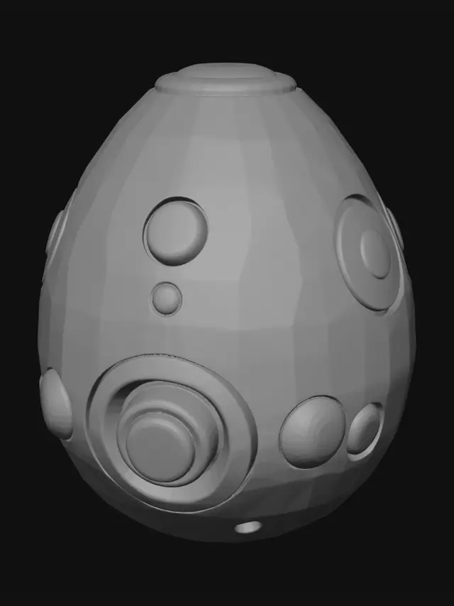 3D model for Create a 3D-printable FDM model of a large cute futuristic anti-stress capsule/egg toy, palm-sized or slightly bigger, with smooth rounded surfaces, no sharp edges, no complex supports, and easy printing. The design should have big cute eyes, a small mouth, soft rounded ears or decorative elements, and a rotating ring or fidget segment on the bottom. Make it strong enough for FDM printing, with simple assembly or ideally one-piece print. Use a black main body, white eyes/details, red accents, and one yellow highlight. The model should look premium, playful, and be satisfying to hold and fidget with.