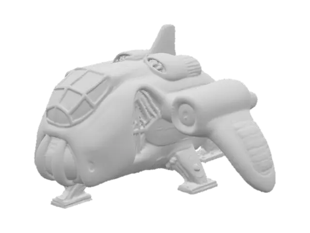 3D model for A bulky, futuristic spacecraft with a broad, rounded hull, likely constructed from durable, matte grey metal. Its prominent, multi-paneled cockpit window suggests a spacious interior. Large, cylindrical engine nacelles protrude from the sides, and a complex array of vents and access panels are visible across its surface, giving it a utilitarian, industrial texture. Retractable landing gear can be seen beneath its front section, indicating a vehicle designed for ground operations.