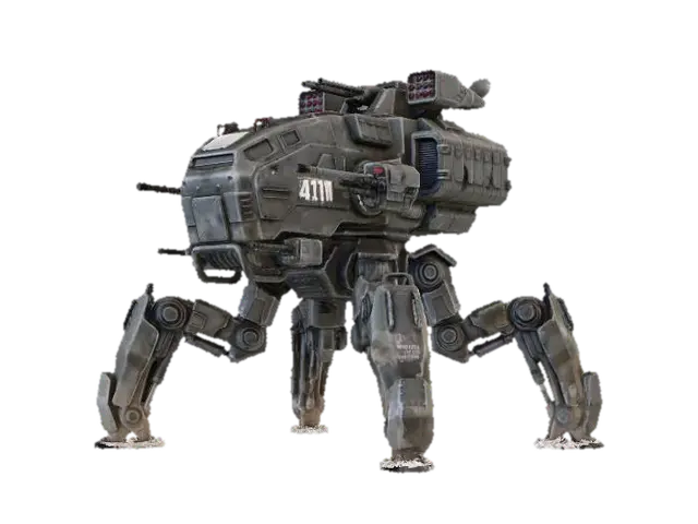 a robot with eight legs. combat. battle. dystopic. photoreal. troop transporter.… - Dystopia 3D model, vytvořený pomocí AI