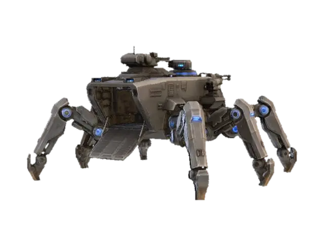 a robot with eight legs. combat. battle. dystopic. photoreal. troop transporter.… - Dystopia 3D model, vytvořený pomocí AI