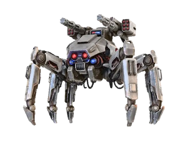 a robot with eight legs. combat. battle. dystopic. photoreal. spiderlike - Dystopia 3D model, vytvořený pomocí AI
