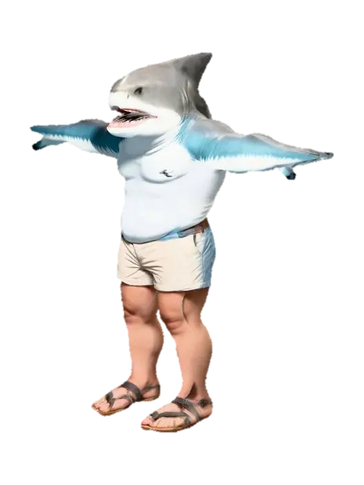 haifisch mit menschenkörper in t-pose in freizeitkleidug tourist kurze hosen sandalen 3D model, vytvořený pomocí AI