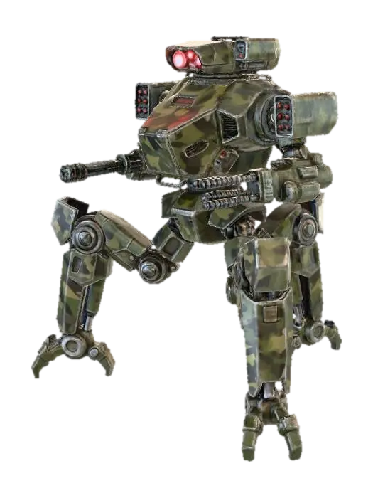 a robot with 3 legs. combat. battle. dystopic. photoreal. Army. camouflage - Dystopia 3D model, vytvořený pomocí AI