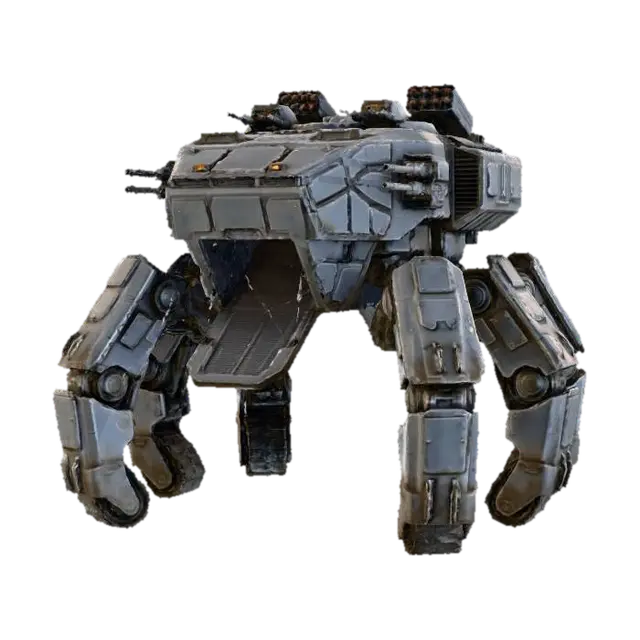 3D model for a robot with eight legs. combat. battle. dystopic. photoreal. troop transporter. large. 40 meter high. heavy armed