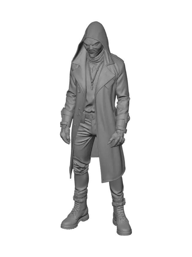 3D model for A Cyberpunk Hacker wearing a dark metallic mask etched with countless micro-lines of code. Her outfit is a leather trench coat lined with highly reflective chrome fibers. Parts of her body are replaced by mechanical prosthetics with brushed metal and purple polymer armor. Requirement: Futuristic, emphasize the material contrast between metallic prosthetics and leather, and the layered structure of the outfit.