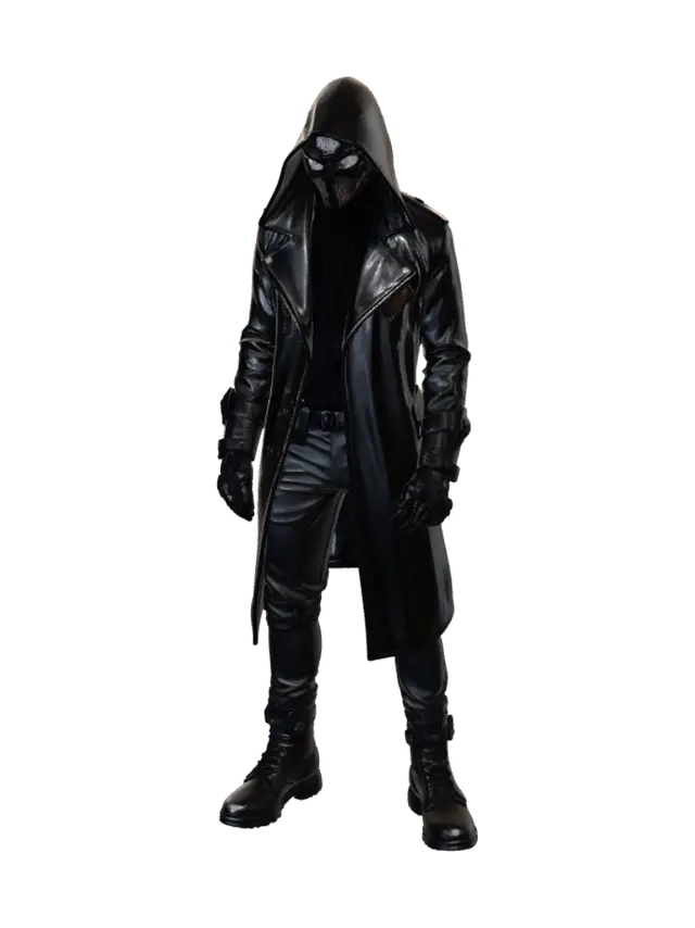 3D model for A Cyberpunk Hacker wearing a dark metallic mask etched with countless micro-lines of code. Her outfit is a leather trench coat lined with highly reflective chrome fibers. Parts of her body are replaced by mechanical prosthetics with brushed metal and purple polymer armor. Requirement: Futuristic, emphasize the material contrast between metallic prosthetics and leather, and the layered structure of the outfit.