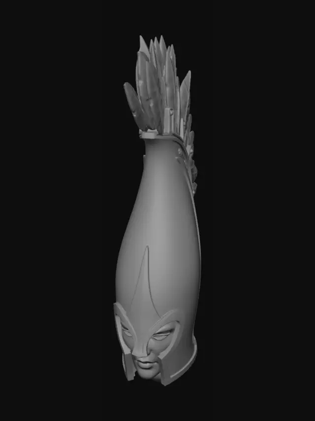 3D model for Disegno di un elmo con cresta di piume per una miniatura degli elfi alti di warhammer. L'elmo è slanciato e ha un aspetto cerimoniale. Contiene un volto serio e impassibile. Deve esserci un perno semisferico per incollarlo poi al busto della miniatura.