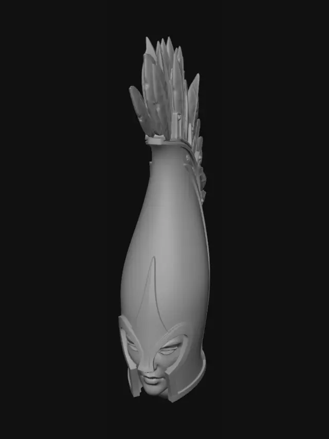 3D model for Disegno di un elmo con cresta di piume per una miniatura degli elfi alti di warhammer. L'elmo è slanciato e ha un aspetto cerimoniale. Contiene un volto serio e impassibile. Deve esserci un perno semisferico per incollarlo poi al busto della miniatura.
