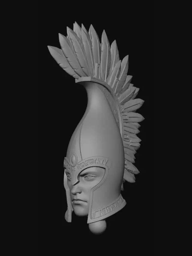 3D model for Disegno di un elmo con cresta di piume per una miniatura degli elfi alti di warhammer. L'elmo è slanciato e ha un aspetto cerimoniale. Contiene un volto serio e impassibile. Deve esserci un perno semisferico per incollarlo poi al busto della miniatura.