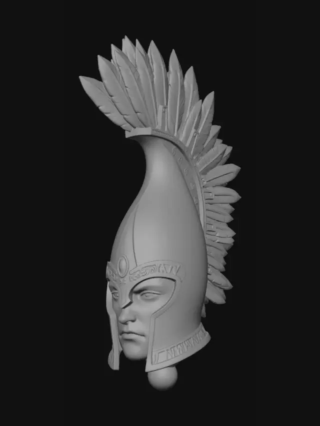 3D model for Disegno di un elmo con cresta di piume per una miniatura degli elfi alti di warhammer. L'elmo è slanciato e ha un aspetto cerimoniale. Contiene un volto serio e impassibile. Deve esserci un perno semisferico per incollarlo poi al busto della miniatura.