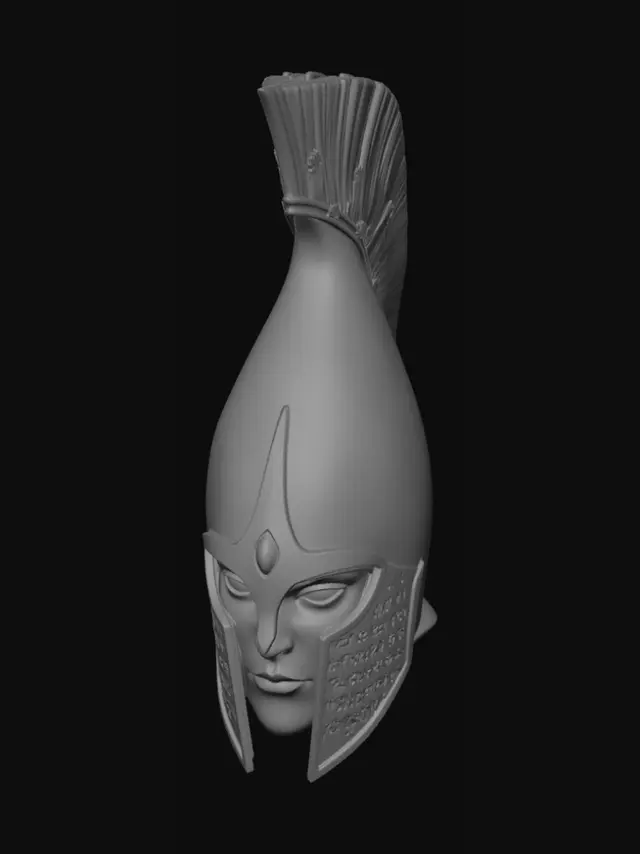 3D model for Testa con elmo con cresta per gli alti elfi di warhammer. L'elmo è slanciato ed elegante, contine il volto impassibile di un soldato esperto.