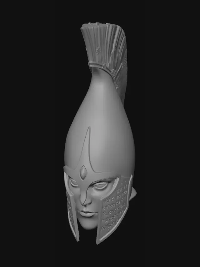 3D model for Testa con elmo con cresta per gli alti elfi di warhammer. L'elmo è slanciato ed elegante, contine il volto impassibile di un soldato esperto.