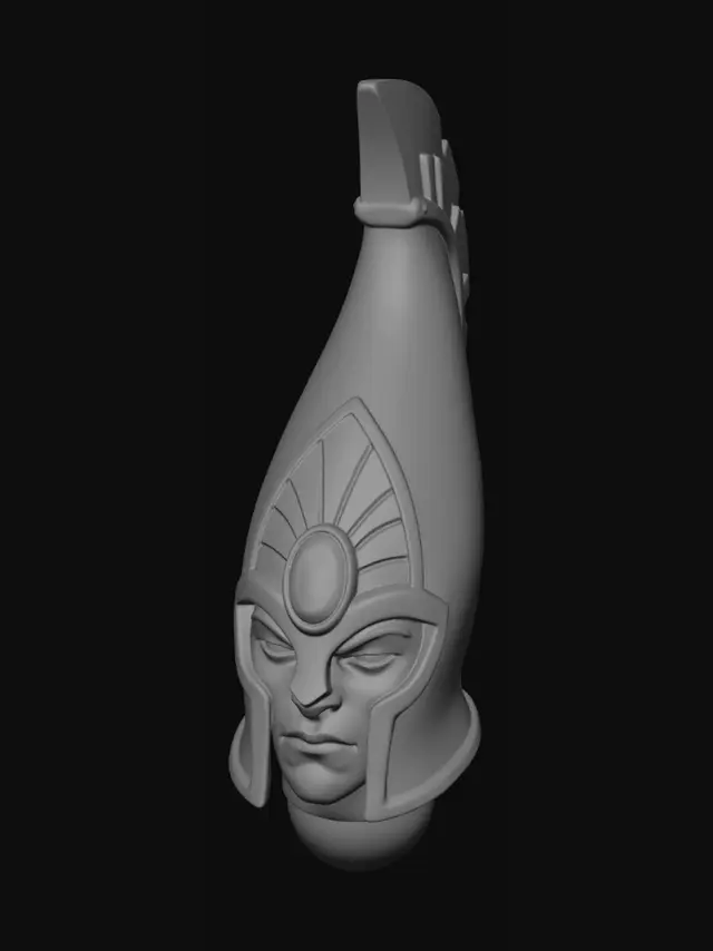 3D model for Modellino di testa con elmo cerimoniale per alti elfi di warhammer. L'elmo deve essere slanciato, con i bordi in rilievo e una cresta metallica. La texture deve essere liscia. Sulla fronte deve essere presente una gemma incastonata nell'elmo. La cresta è fatta dello stasso materiale dell'elmo, da l'idea di essere leggera ed elegante. Contiene il volto di un guerriero serio e marziale. Deve esserci il collo la cui parte finale va progressivamente a smussarsi in una forma semi sferica che serve per incastrare la testa al corpo della miniatura.
