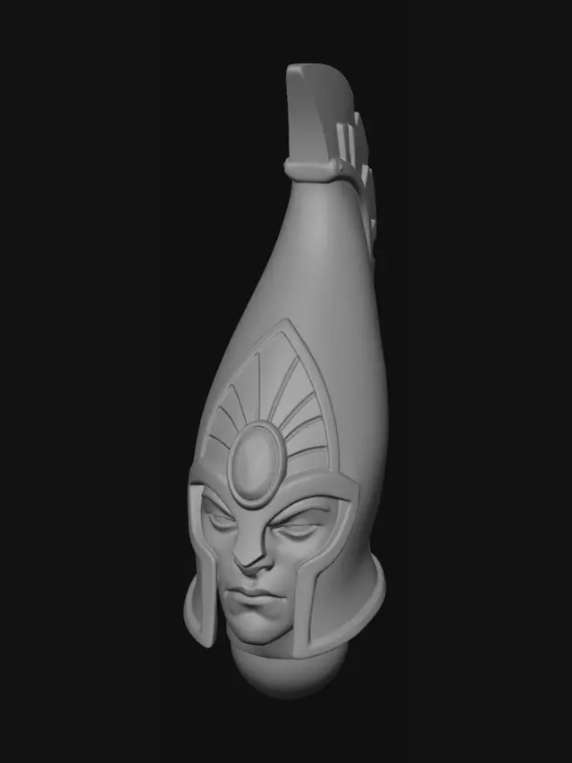 3D model for Modellino di testa con elmo cerimoniale per alti elfi di warhammer. L'elmo deve essere slanciato, con i bordi in rilievo e una cresta metallica. La texture deve essere liscia. Sulla fronte deve essere presente una gemma incastonata nell'elmo. La cresta è fatta dello stasso materiale dell'elmo, da l'idea di essere leggera ed elegante. Contiene il volto di un guerriero serio e marziale. Deve esserci il collo la cui parte finale va progressivamente a smussarsi in una forma semi sferica che serve per incastrare la testa al corpo della miniatura.