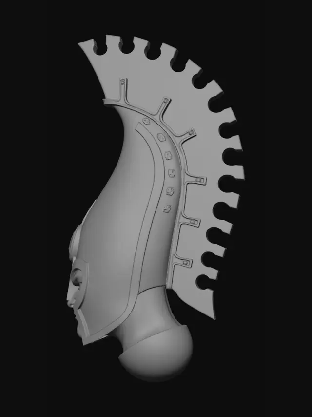 3D model for Modifica la cresta dell'elmo della prima immagine aggiungendo nella parte superiore degli incavi semicircolari posti a distanza regolare tra loro. Modifica l'espressione in una corrucciata e austera.