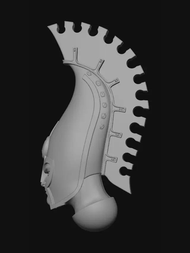 3D model for Modifica la cresta dell'elmo della prima immagine aggiungendo nella parte superiore degli incavi semicircolari posti a distanza regolare tra loro. Modifica l'espressione in una corrucciata e austera.