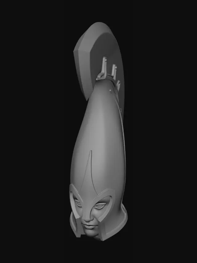 3D model for Modifica il primo elmo. La parte bassa deve terminare allo stesso modo di quella del secondo elmo. Il volto deve rimanere com'è. Rimuovi tutte le rune incise. Non modificare la cresta.