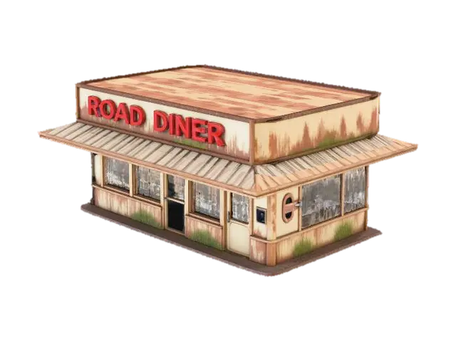Modèle 3D ruined roadside diner with no glass in the windows and missing doors. With no plants.… - Desolate, généré par IA