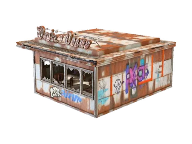 destroyed one story diner in an apocalypse setting with no glass in the windows and… 3D model, vytvořený pomocí AI
