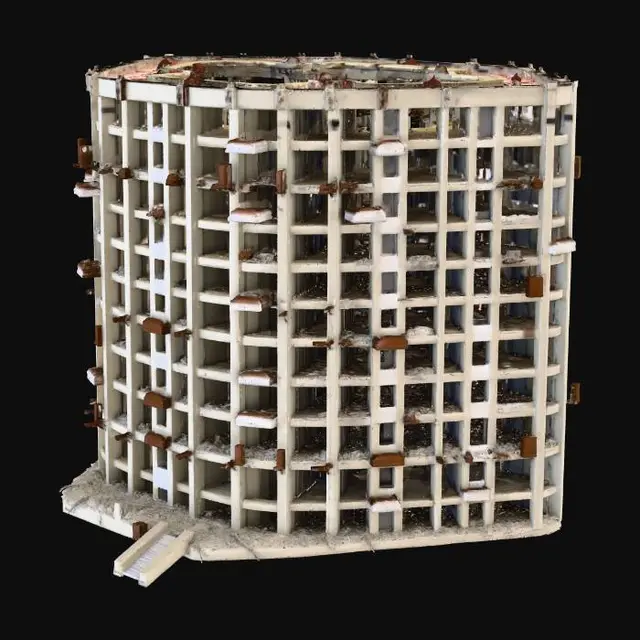 3D model for A heavily bombed out modern high-rise office building, all windows shattered and completely missing glass, empty black window frames, massive structural damage, collapsed sections, exposed rebar and concrete debris, scorched exterior walls, realistic war destruction, photorealistic, highly detailed, cinematic lighting, ultra realistic