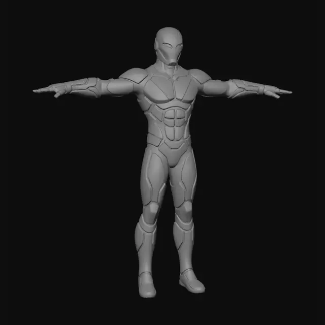 3D model for stylized male superhero character, wearing fully closed mask, suit with no cape. t-pose