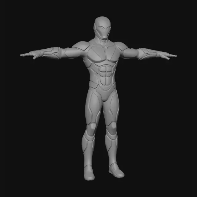 3D model for stylized male superhero character, wearing fully closed mask, suit with no cape. t-pose