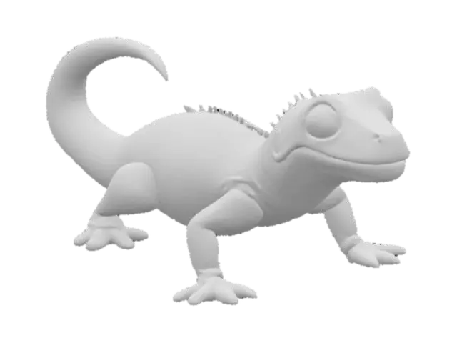 3D model for a cute and realistic lizard, standing on four legs, laying flat, long curved tail, super stretchy, purple skin, made of rubber, white background 