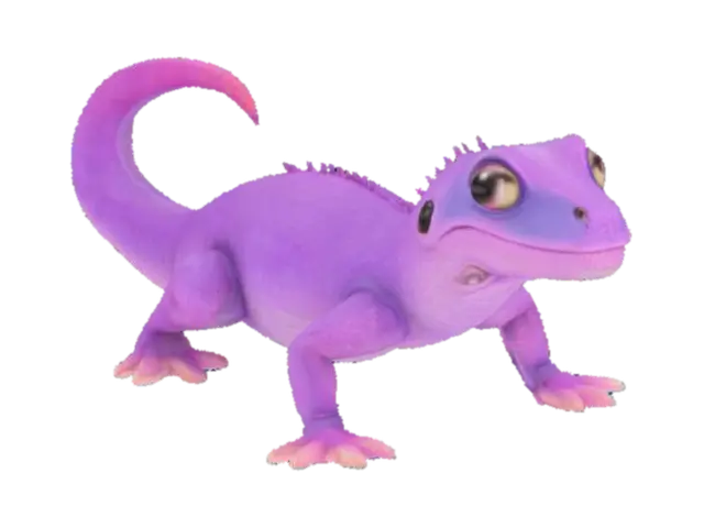 3D model for a cute and realistic lizard, standing on four legs, laying flat, long curved tail, super stretchy, purple skin, made of rubber, white background 