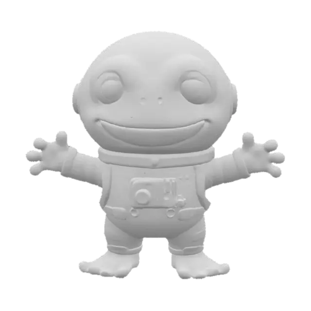 3D model for urocza szczęśliwa żaba w stroju kosmonauty, rozstawiająca ręce w geście przytulania