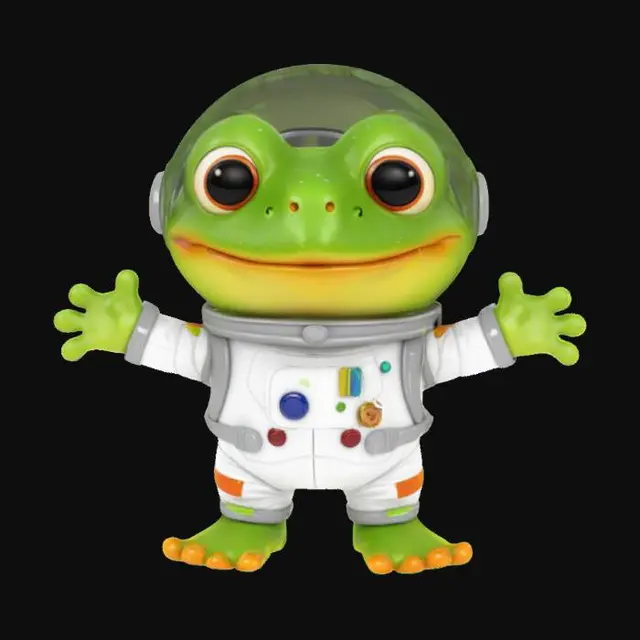 3D model for urocza szczęśliwa żaba w stroju kosmonauty, rozstawiająca ręce w geście przytulania