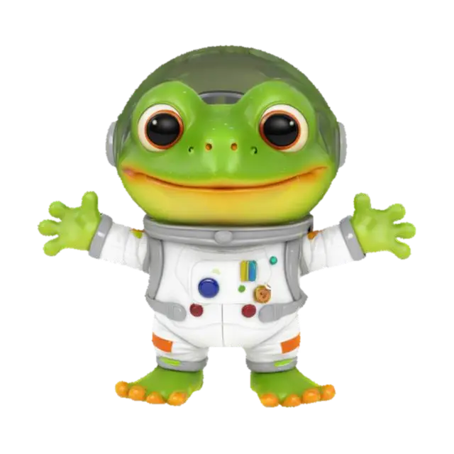 3D model for urocza szczęśliwa żaba w stroju kosmonauty, rozstawiająca ręce w geście przytulania