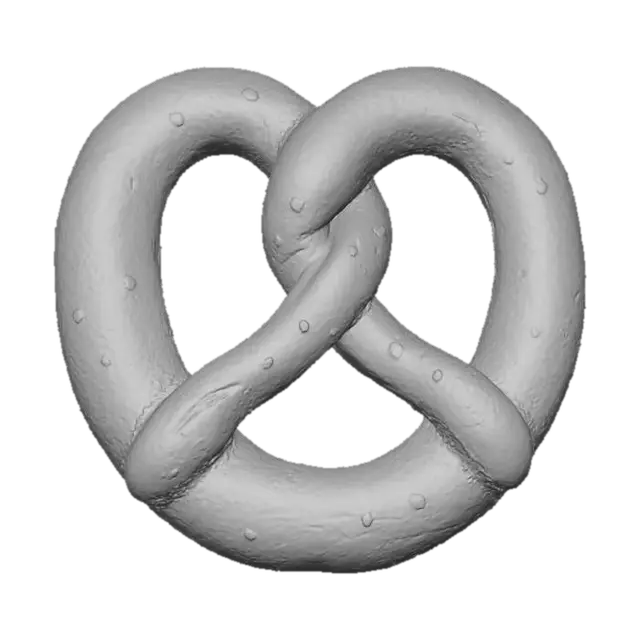 3D model for Create a model of a Bavarian pretzel. The pretzel should have its distinctive, twisted shape. The pretzel should be made of dark bread. The pretzel should have large salt crystals on the surface. Try to create a high quality, detailed model.