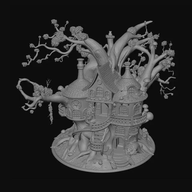 3D model for Create a highly detailed 3D render of an extravagant fairy treehouse built into the gnarled trunk and sprawling branches of an ancient tree, styled as overgrown and naturalistic — mossy, weathered, and deeply organic throughout. The treehouse features a spiral staircase wrapping around the bark, glowing windows and hanging lanterns nestled among twisted branches, arched doorways with ornate carved details, mushroom-capped balconies, rope bridges and hanging walkways connecting the levels, and whimsical pointed rooftops layered with moss and flower accents. Mushrooms, toadstools, and wildflowers cluster at the base of the tree. Ivy and creeping plants cover the walls. The overall aesthetic should feel ancient and enchanted — as if the structure has grown naturally out of the tree over cent