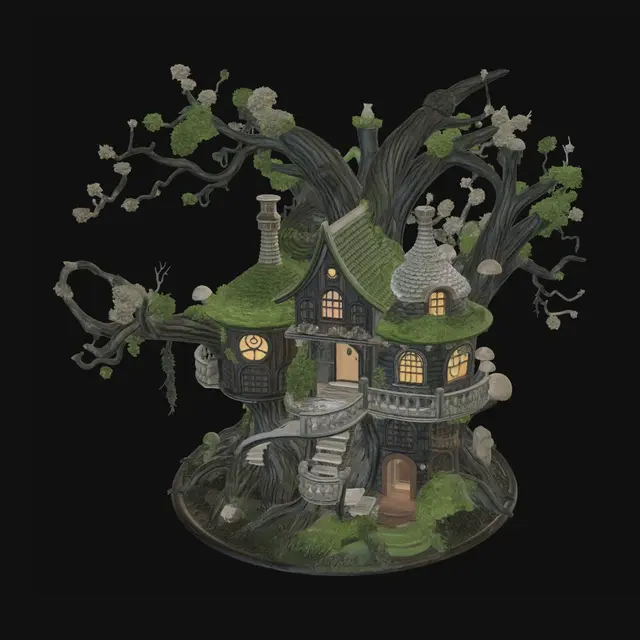 3D model for Create a highly detailed 3D render of an extravagant fairy treehouse built into the gnarled trunk and sprawling branches of an ancient tree, styled as overgrown and naturalistic — mossy, weathered, and deeply organic throughout. The treehouse features a spiral staircase wrapping around the bark, glowing windows and hanging lanterns nestled among twisted branches, arched doorways with ornate carved details, mushroom-capped balconies, rope bridges and hanging walkways connecting the levels, and whimsical pointed rooftops layered with moss and flower accents. Mushrooms, toadstools, and wildflowers cluster at the base of the tree. Ivy and creeping plants cover the walls. The overall aesthetic should feel ancient and enchanted — as if the structure has grown naturally out of the tree over cent