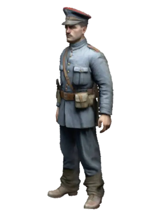 realistic, highly detailed, WW1 French soldier, no gun, A-Pose, T-Pose 3D model, vytvořený pomocí AI